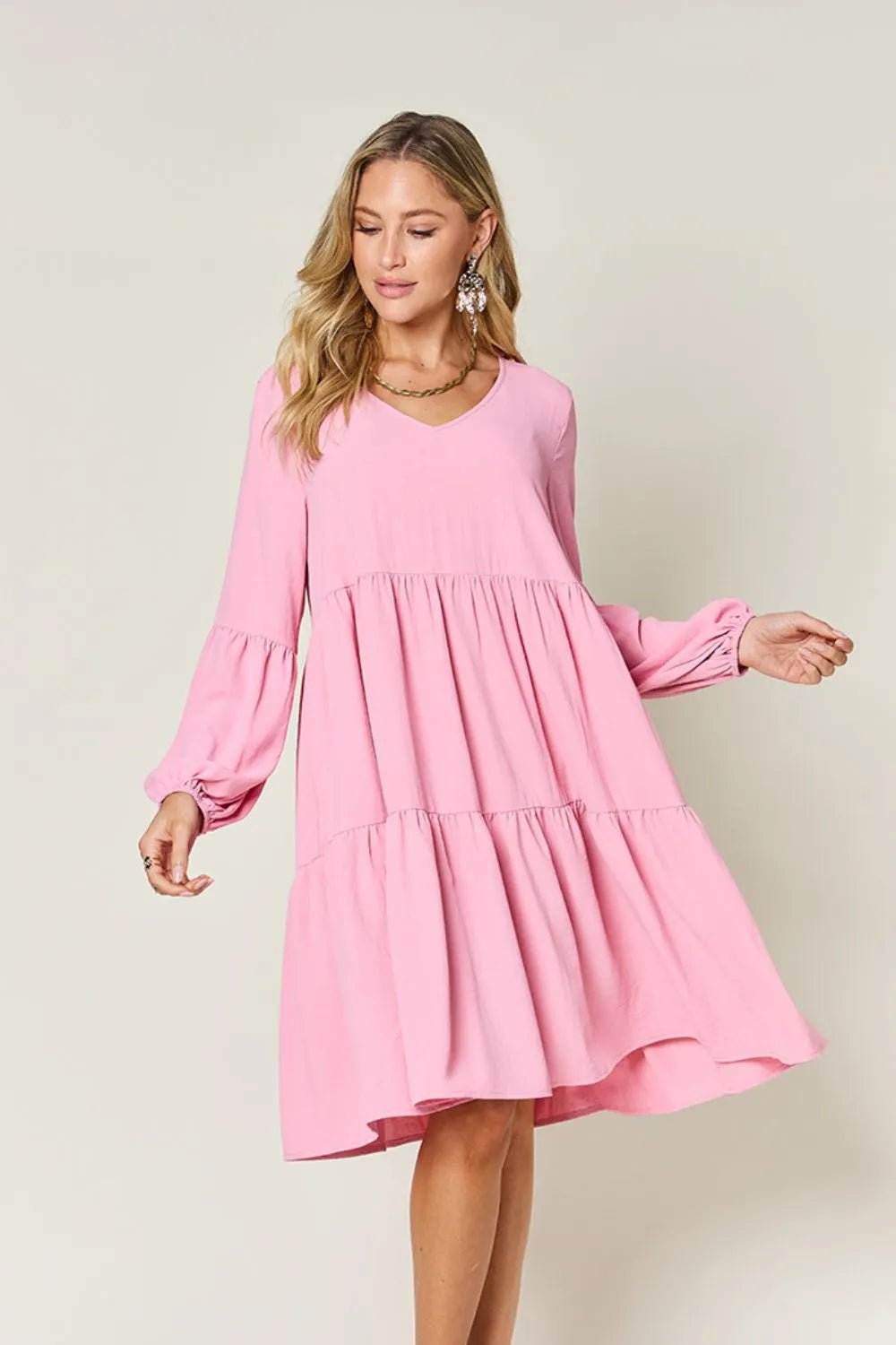 V - Neck Tiered Dress with Balloon Sleeves and Pockets - Bela Fils BoutiqueBela Fils Boutique